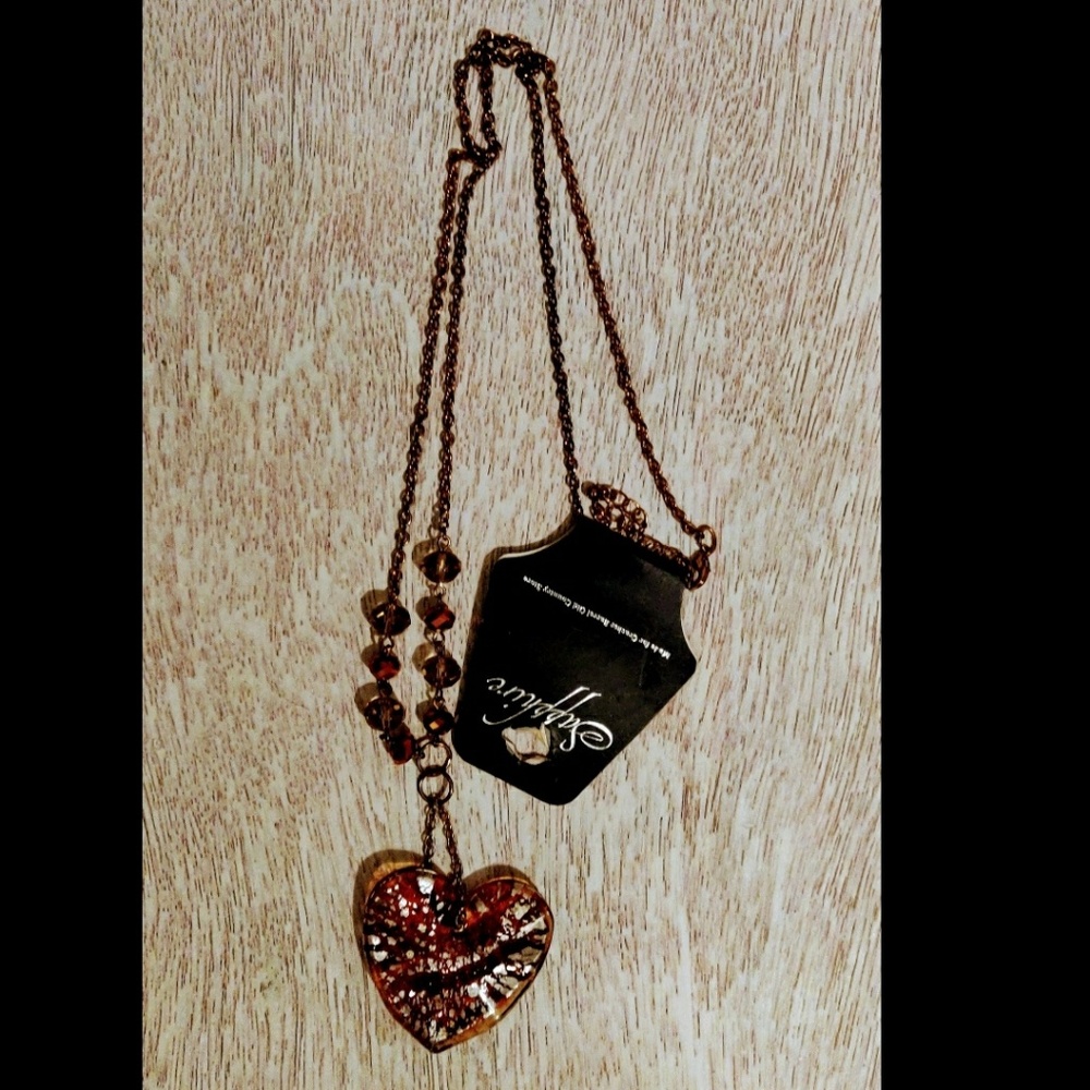Long Necklace w/Amber & Silver Art Glass Heart NWT